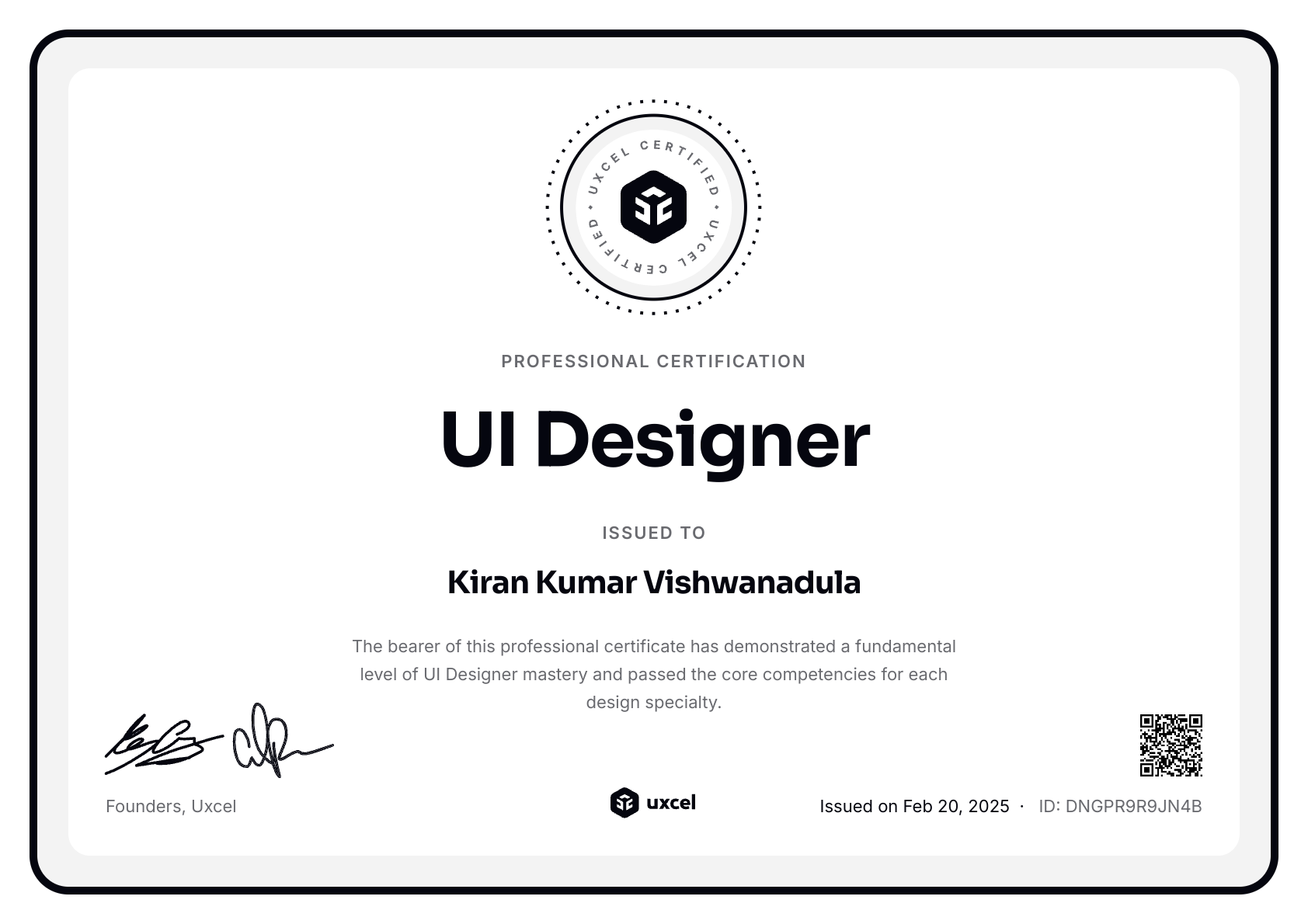 Kiran Kumar Vishwanadula's certificate